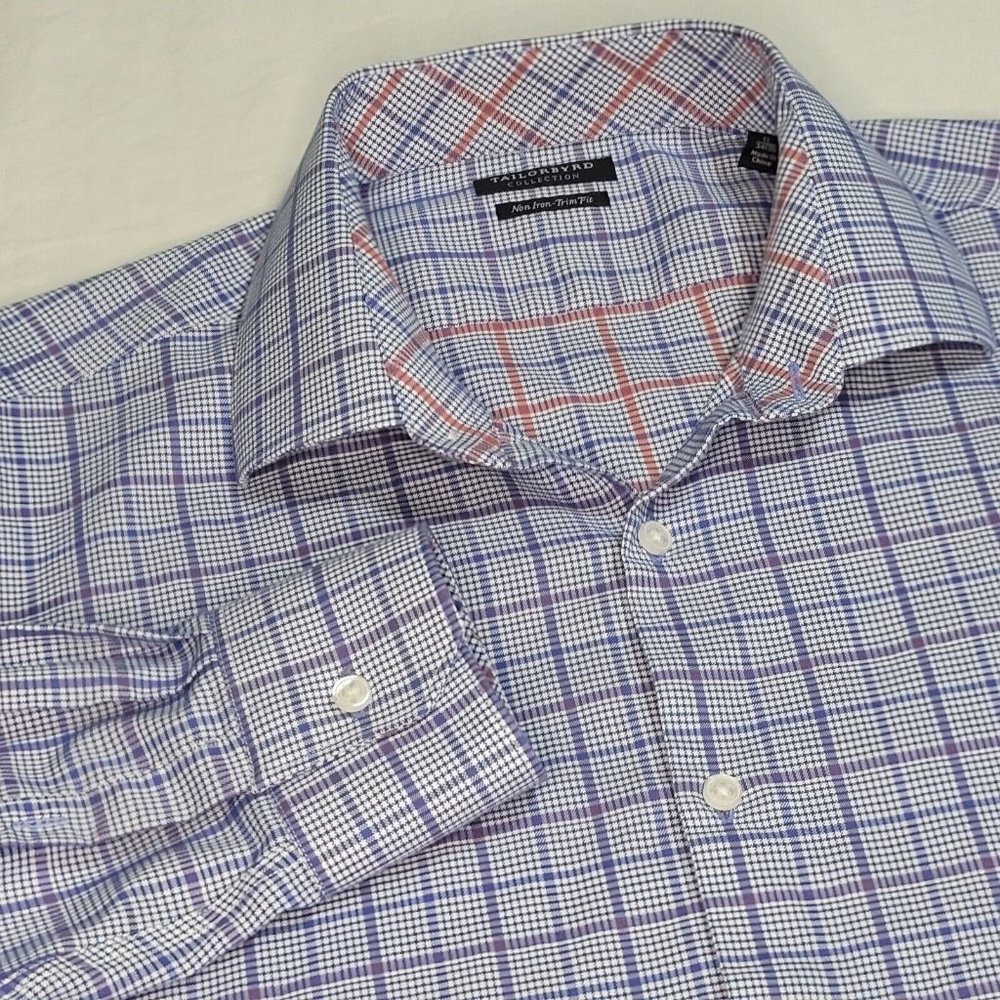 Tailorbyrd Button Up Shirt 17/34 Long Sleeve Blue Plaid Measurements In Pics